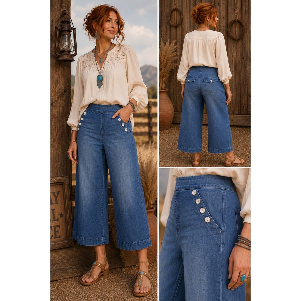 Chico's Pull-On Wide Leg Cropped Denim Pants Sailor Button Detail Blue Size 6 R